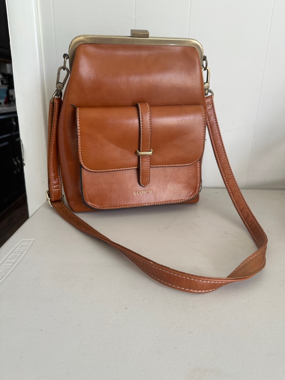 Ecosusi Vintage-Style Leather Crossbody Bag in Cognac